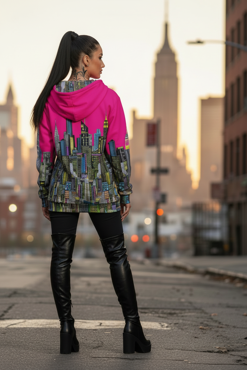 Person wearing a colorful Loria NYC Art hoodie and black leather pants standing on a city street.