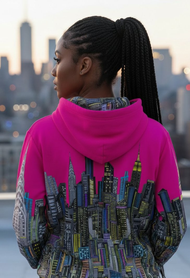 Person wearing a colorful hoodie with cityscape Loria NYC Art design, standing against an urban skyline.