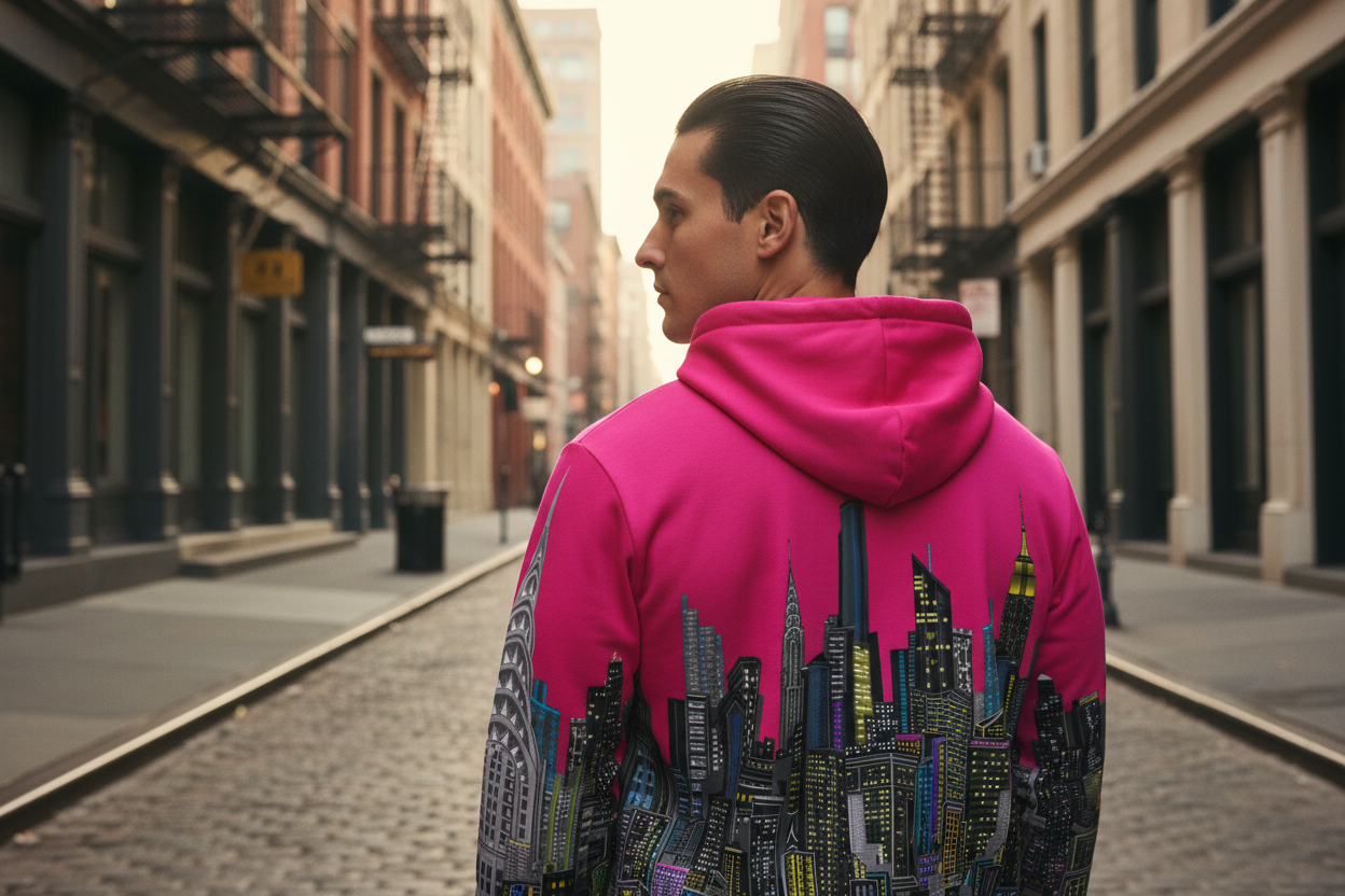 Person wearing a Loria NYC Art hoodie with cityscape design walking down a city street.