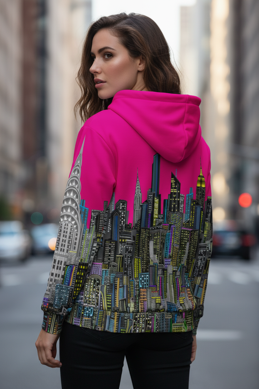 Woman wearing a colorful Loria NYC Art hoodie with cityscape design on a street.