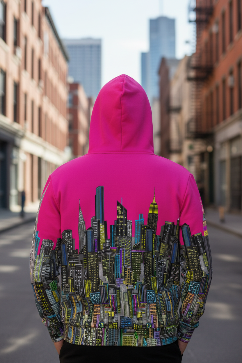 Person wearing a pink hoodie with a cityscape Loria NYC Art design in an urban setting