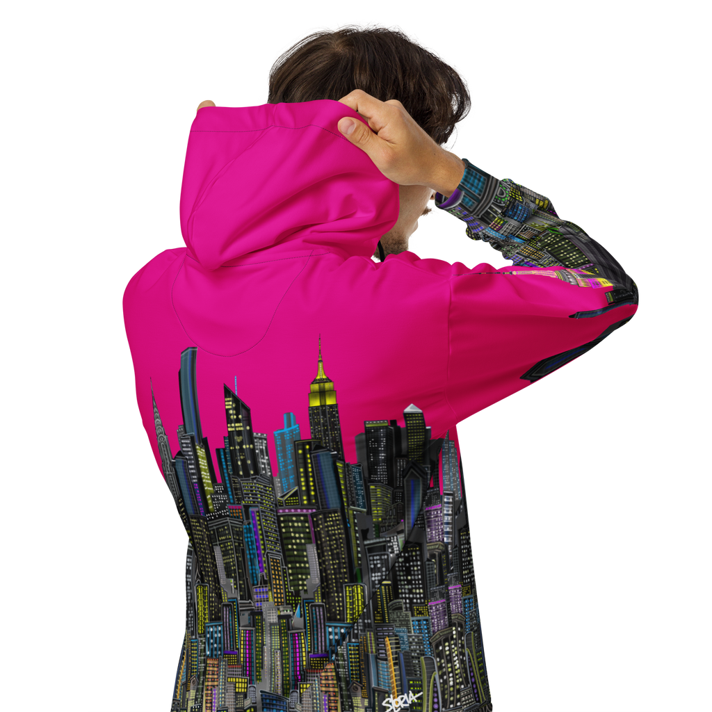 Person wearing a NYC Loria Art hoodie with a cityscape design on the back, on a white background
