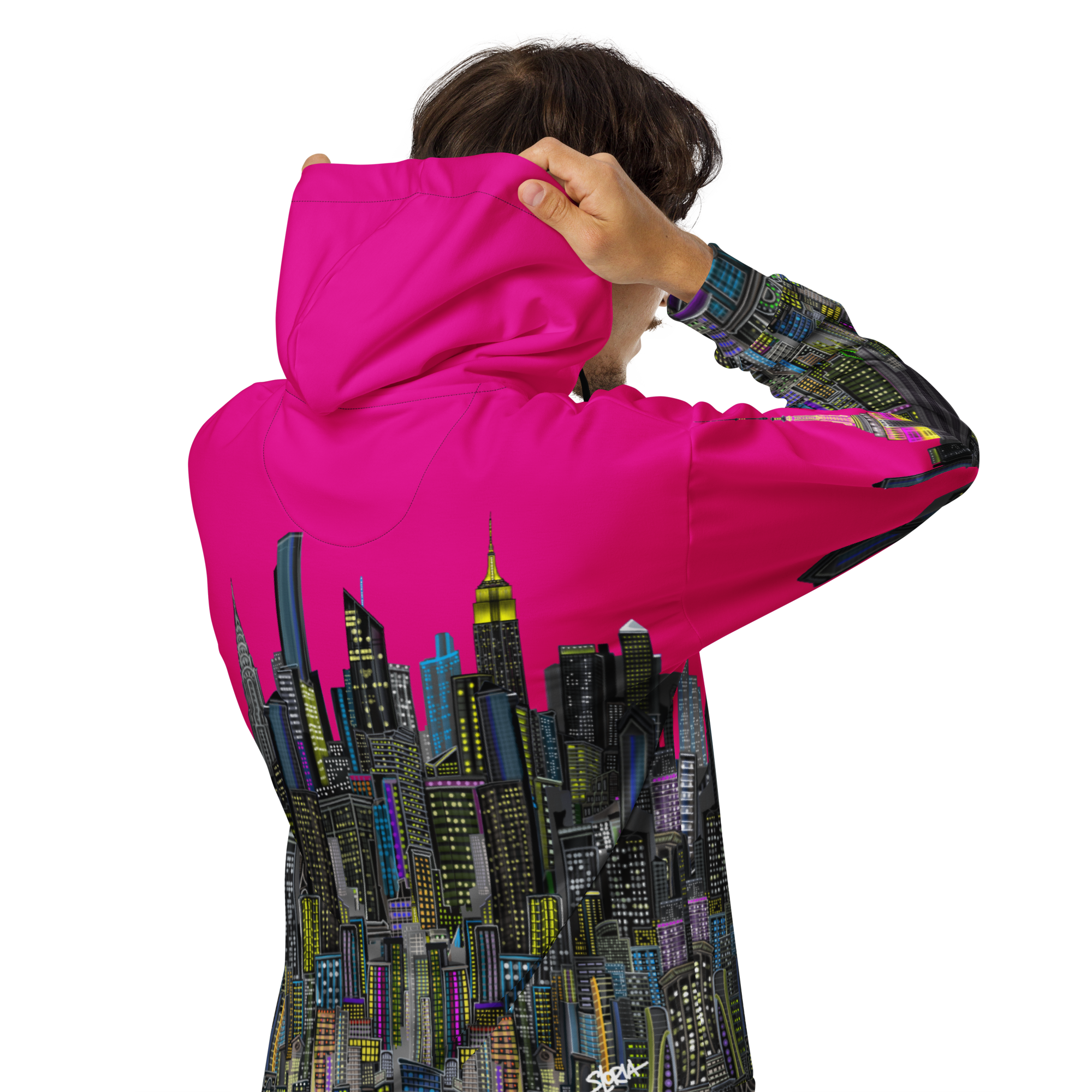 Person wearing a NYC Loria Art hoodie with a cityscape design on the back, on a white background