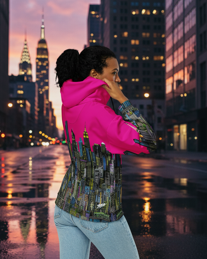 Person wearing a NYC Loria Art hoodie with a colorful cityscape design on the back, on a urban background