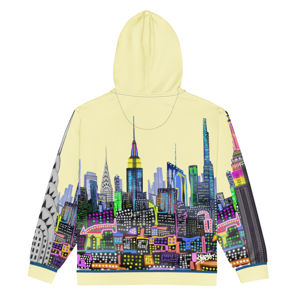 Hoodie with colorful Loria NYC Art cityscape design on a white background