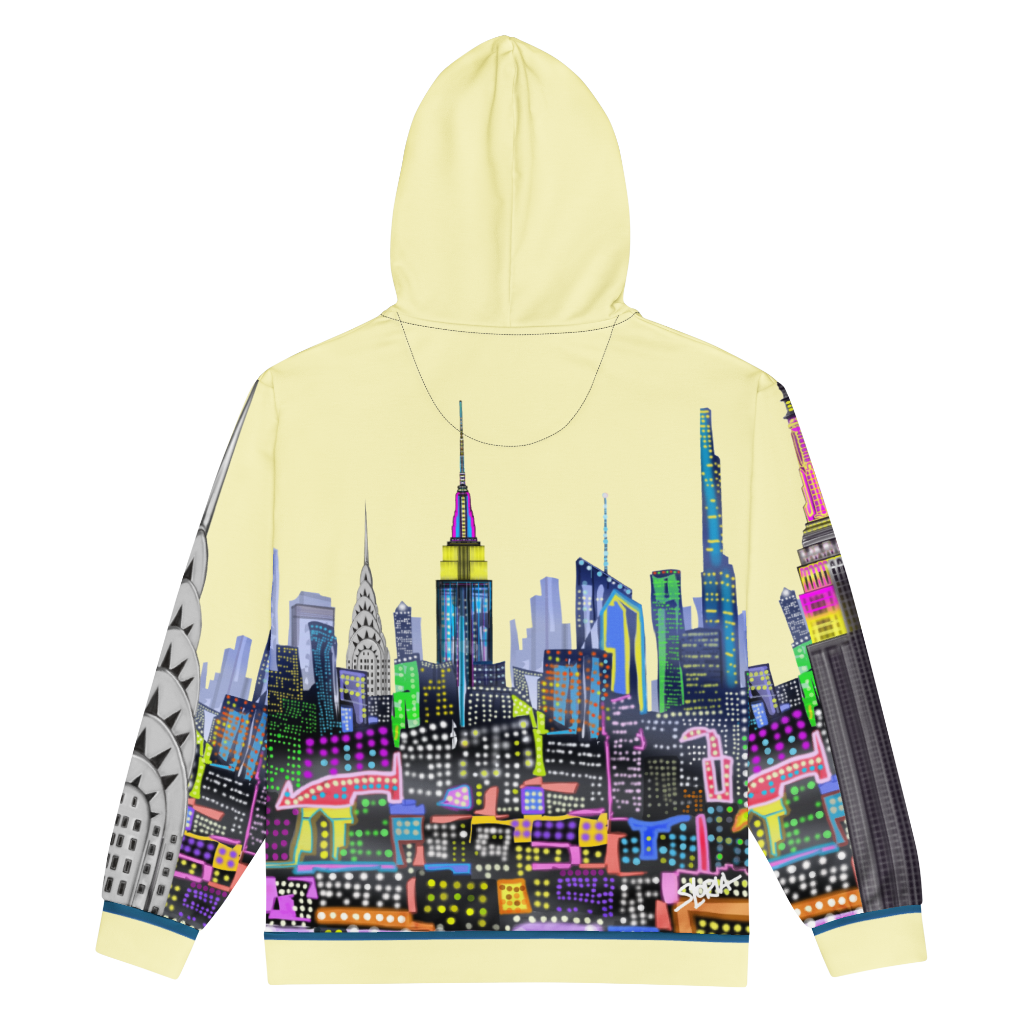 Hoodie with colorful Loria NYC Art cityscape design on a white background