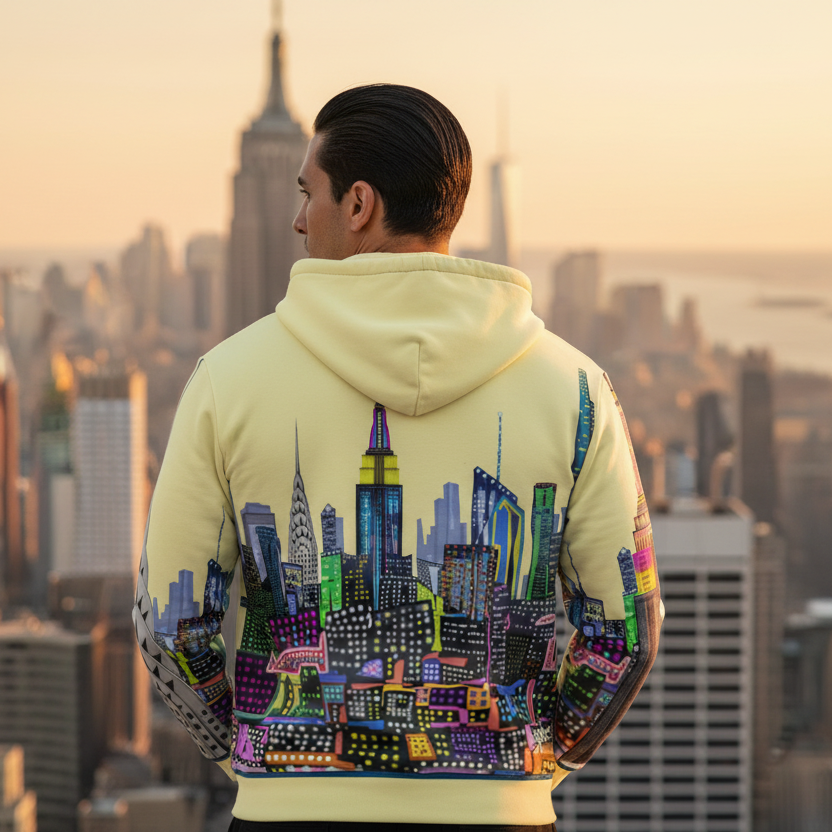 Person wearing a hoodie with a Loria NYC Art colorful cityscape design, standing in front of a city skyline at sunset.