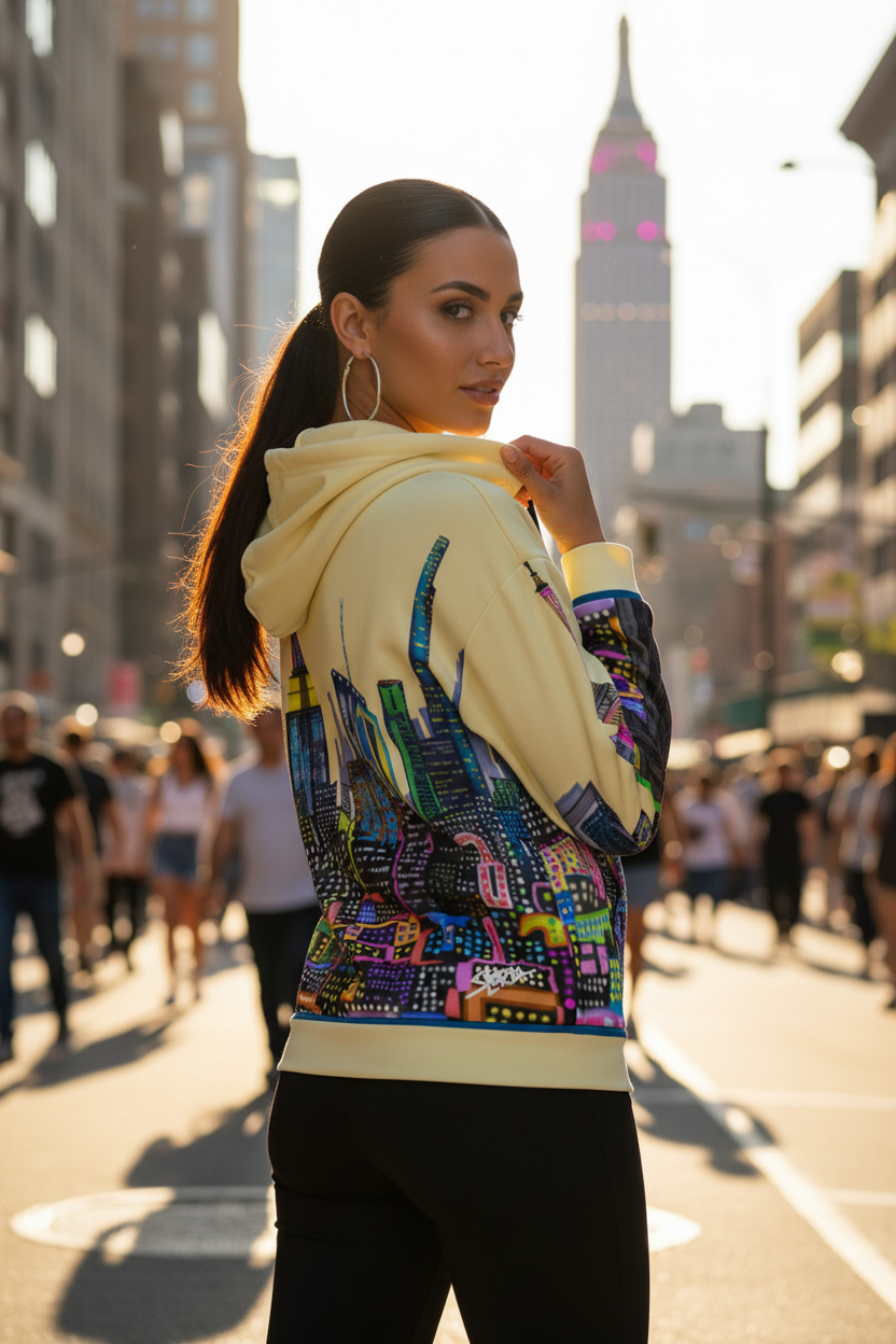Woman wearing a colorful Loria NYC Art hoodie with a cityscape design on a busy street.