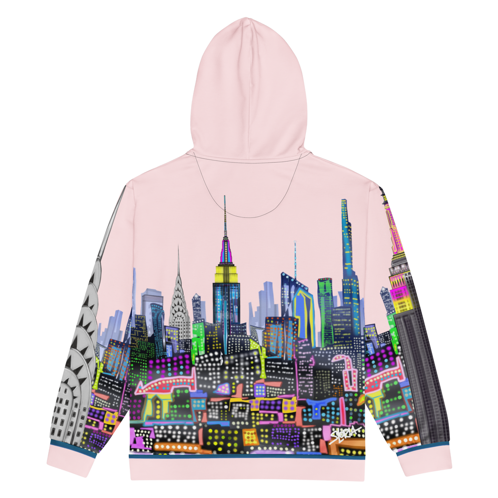 Hoodie with a colorful Loria NYC Art cityscape design on a white background