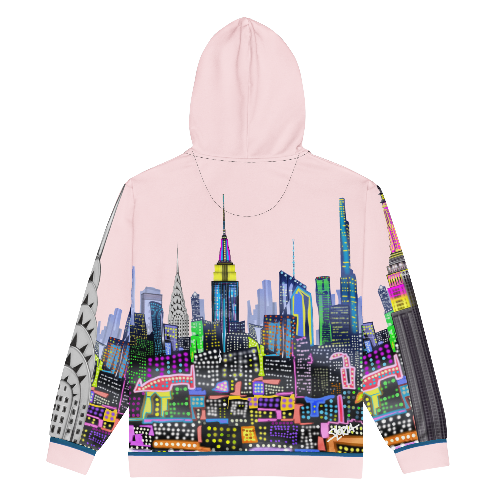Hoodie with a colorful Loria NYC Art cityscape design on a white background