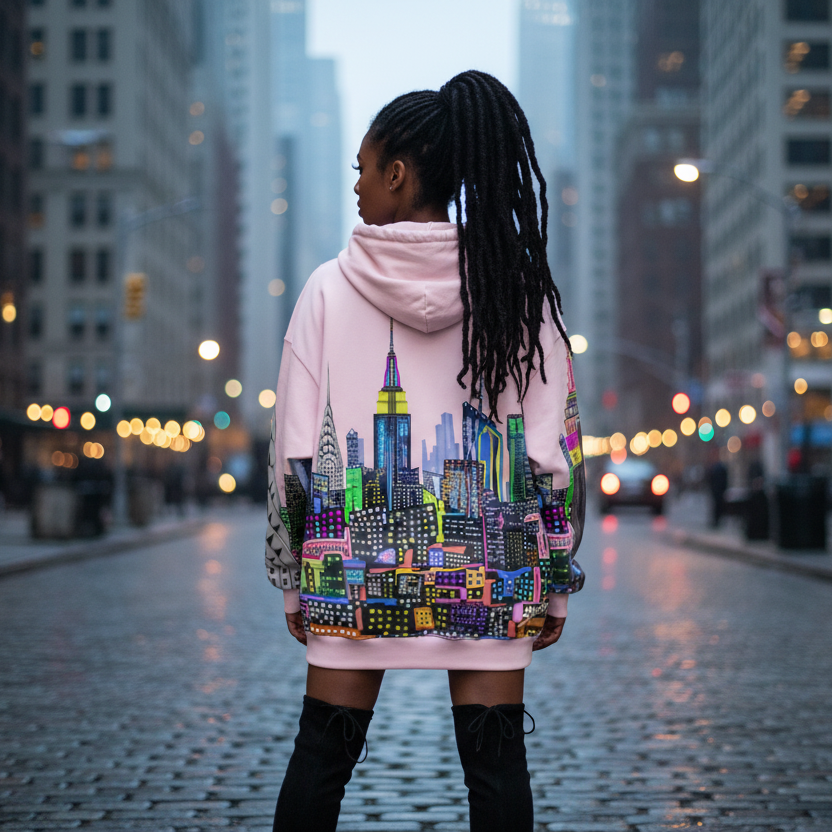 Person wearing a hoodie with a cityscape Loria NYC Art design on a city street at night.