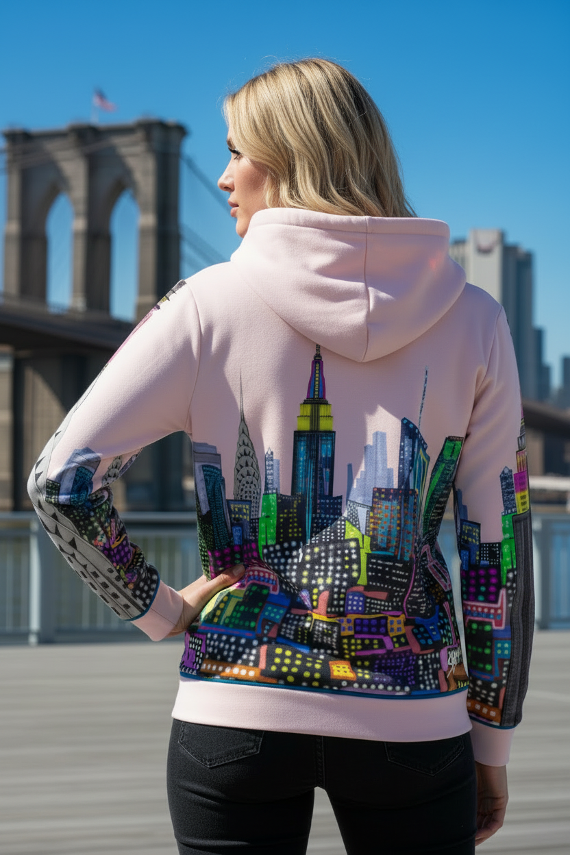 Person wearing a hoodie with a colorful cityscape Loria NYC Art design in front of the Brooklyn Bridge.