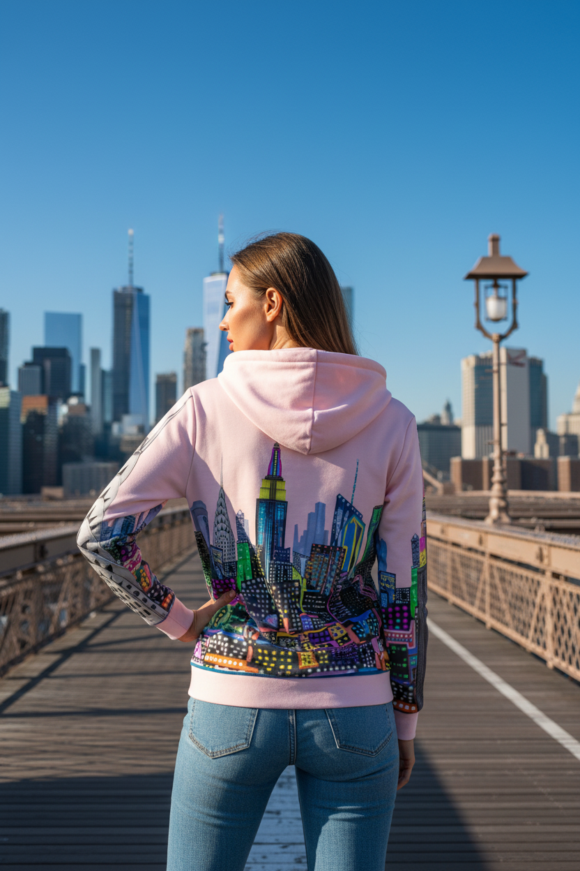 Woman wearing a pink hoodie with a colorful cityscape Loria NYC Art design on a bridge with a city skyline in the background.