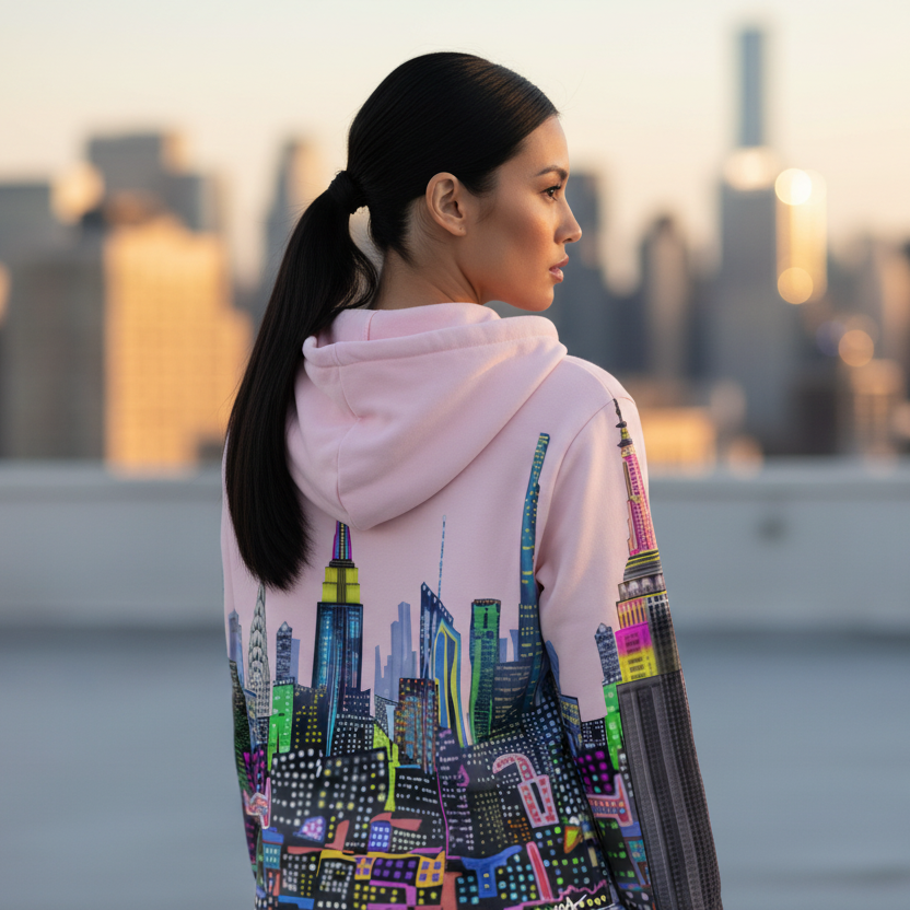 Woman wearing a colorful Loria NYC Art hoodie with cityscape design, standing on a rooftop with a city skyline in the background.