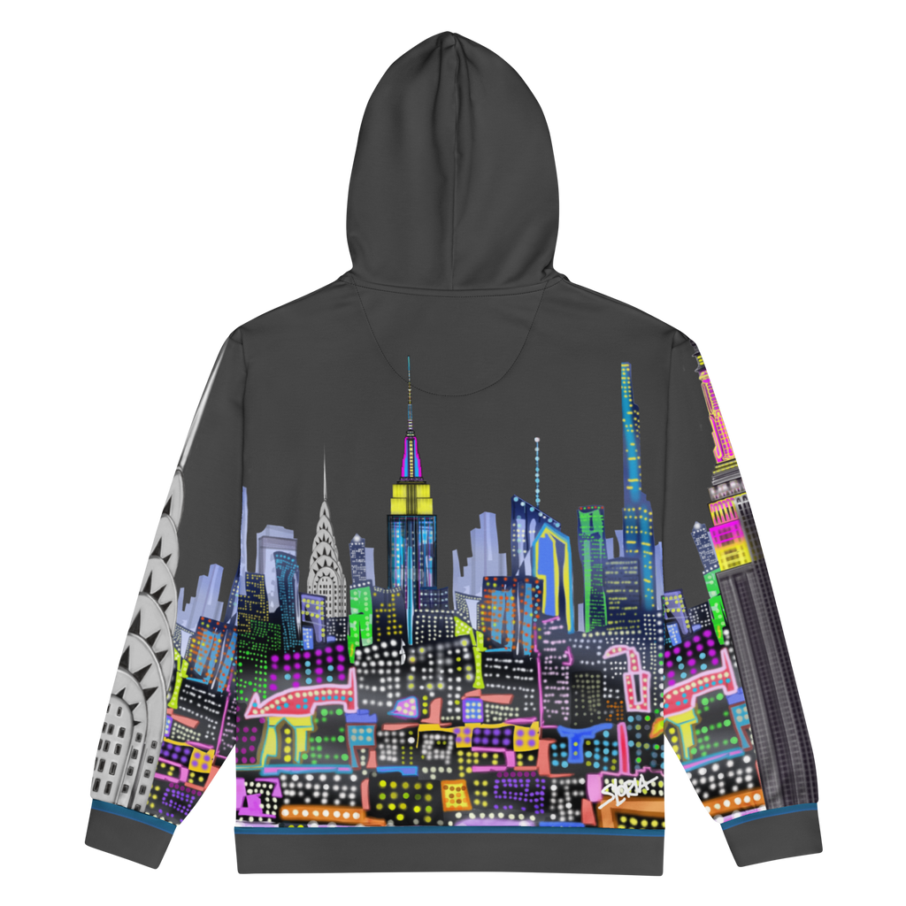 Hoodie with a colorful cityscape Loria NYC Art design on the back against a white background
