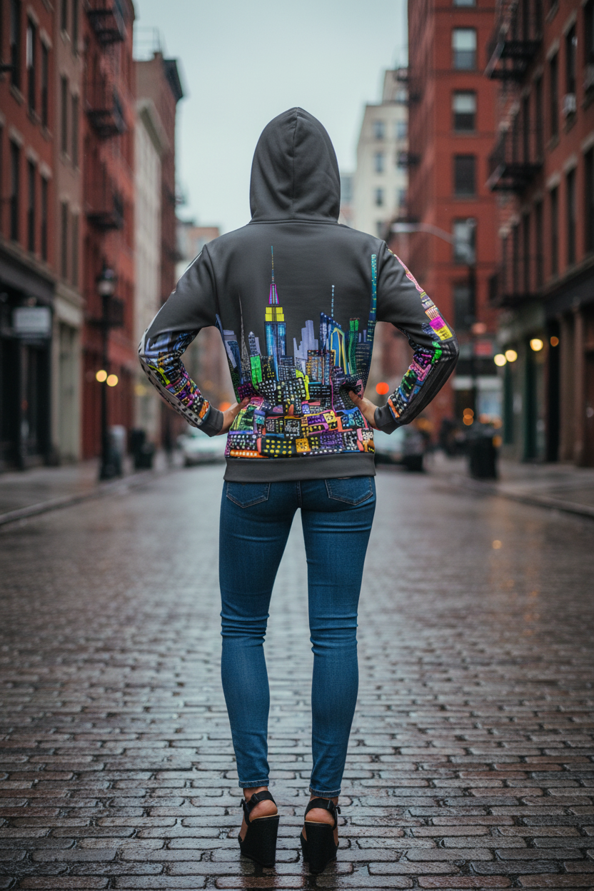 Person wearing a hoodie with a Loria NYC Art colorful cityscape design on a brick street.