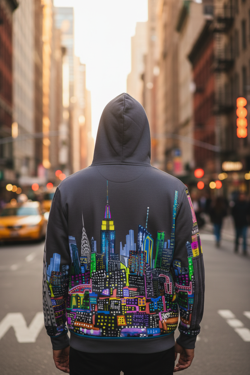 Person wearing a hoodie with a Loria NYC Art colorful cityscape design on a city street.