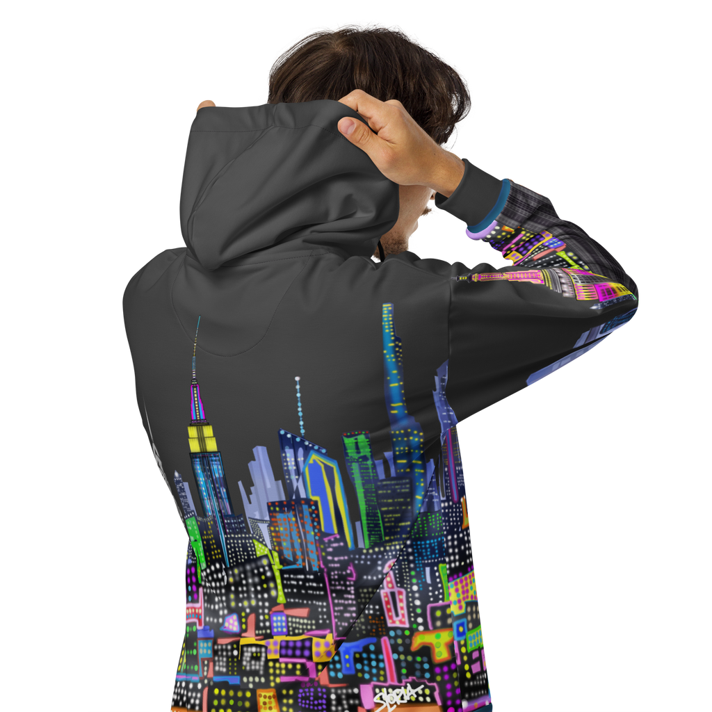 Person wearing a hoodie with a colorful Loria NYC Art cityscape design on the back