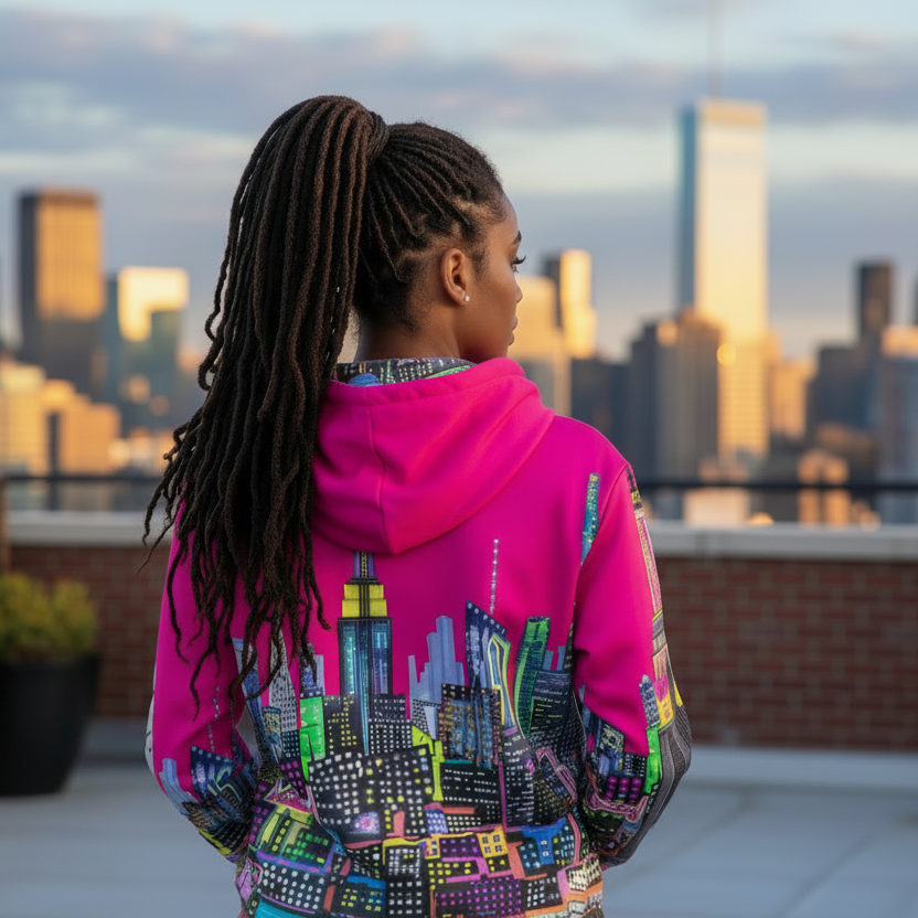 Unisex Zip Hoodie - Metropoli Fuchsia - Loria NYC Art