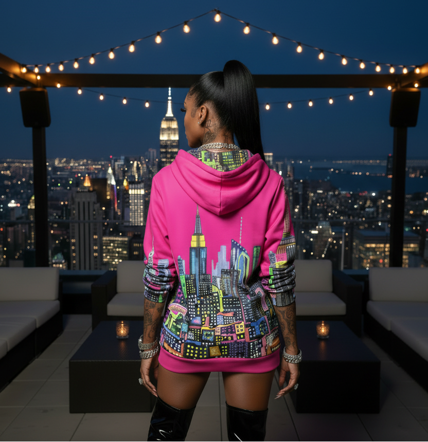 Person wearing a colorful Loria NYC Art hoodie with cityscape design, standing on a rooftop with city lights in the background.