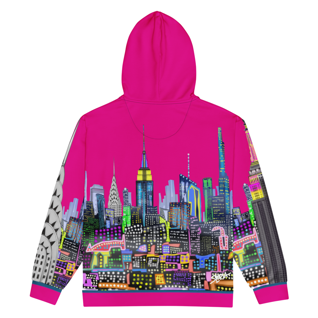 Pink hoodie with colorful Loria NYC Art cityscape design on a white background