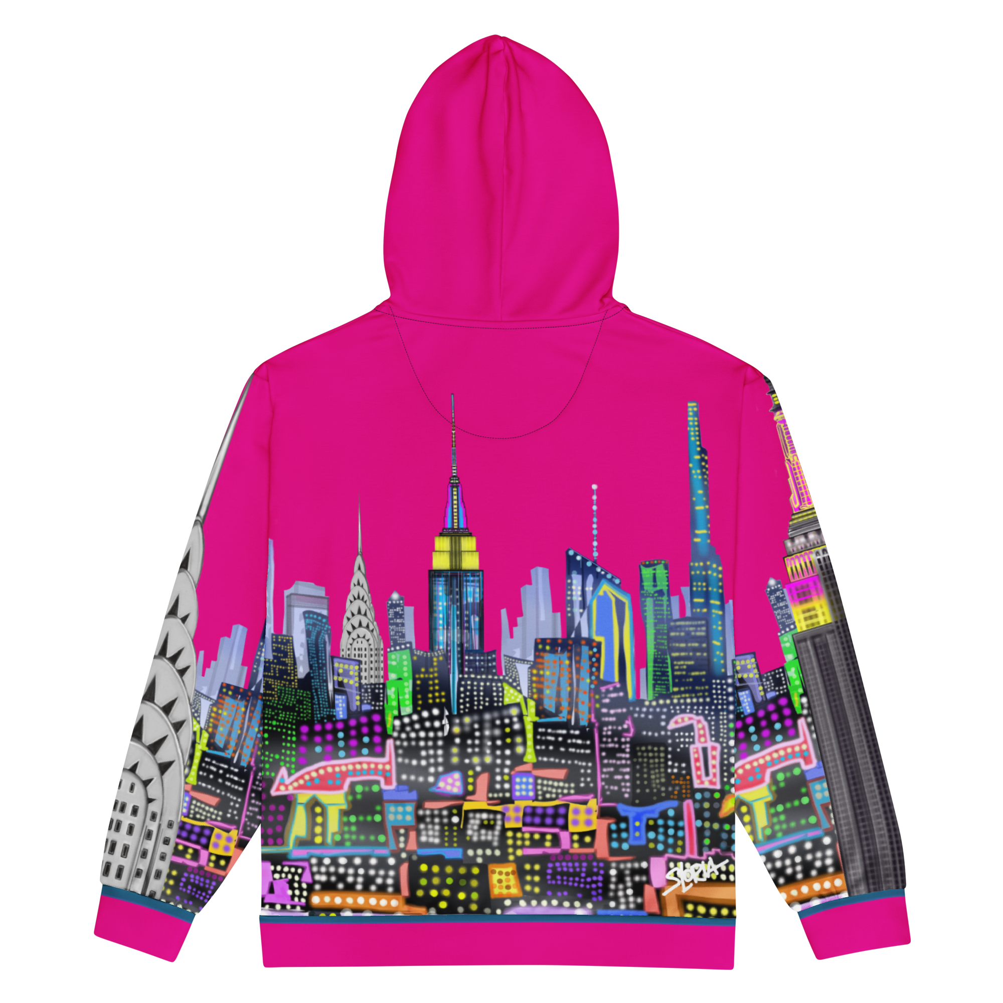 Pink hoodie with colorful Loria NYC Art cityscape design on a white background