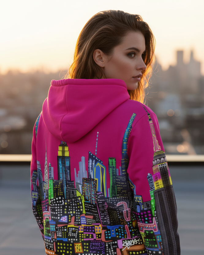 Woman wearing a Loria NYC Art  hoodie with a colorful cityscape design, standing on a rooftop with a city skyline in the background.