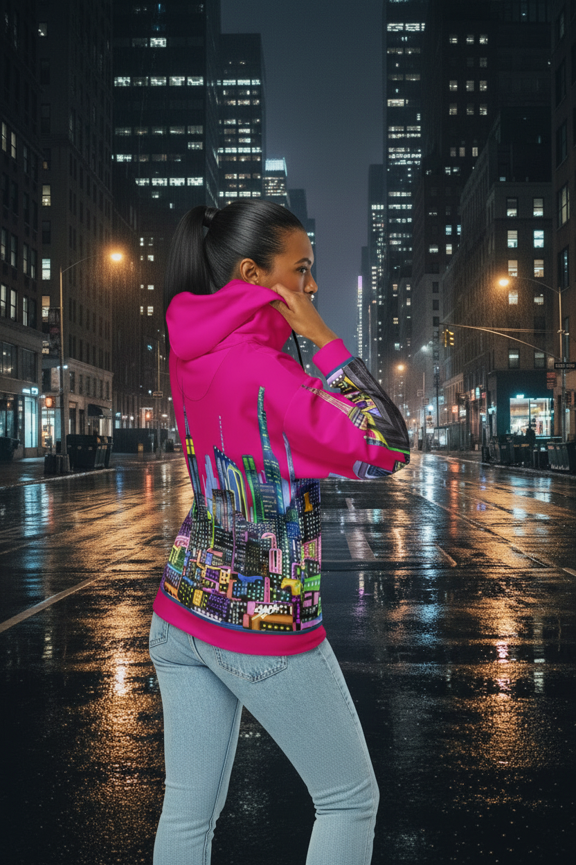 Person wearing a Loria NYC Art hoodie with colorful cityscape design on a city street background