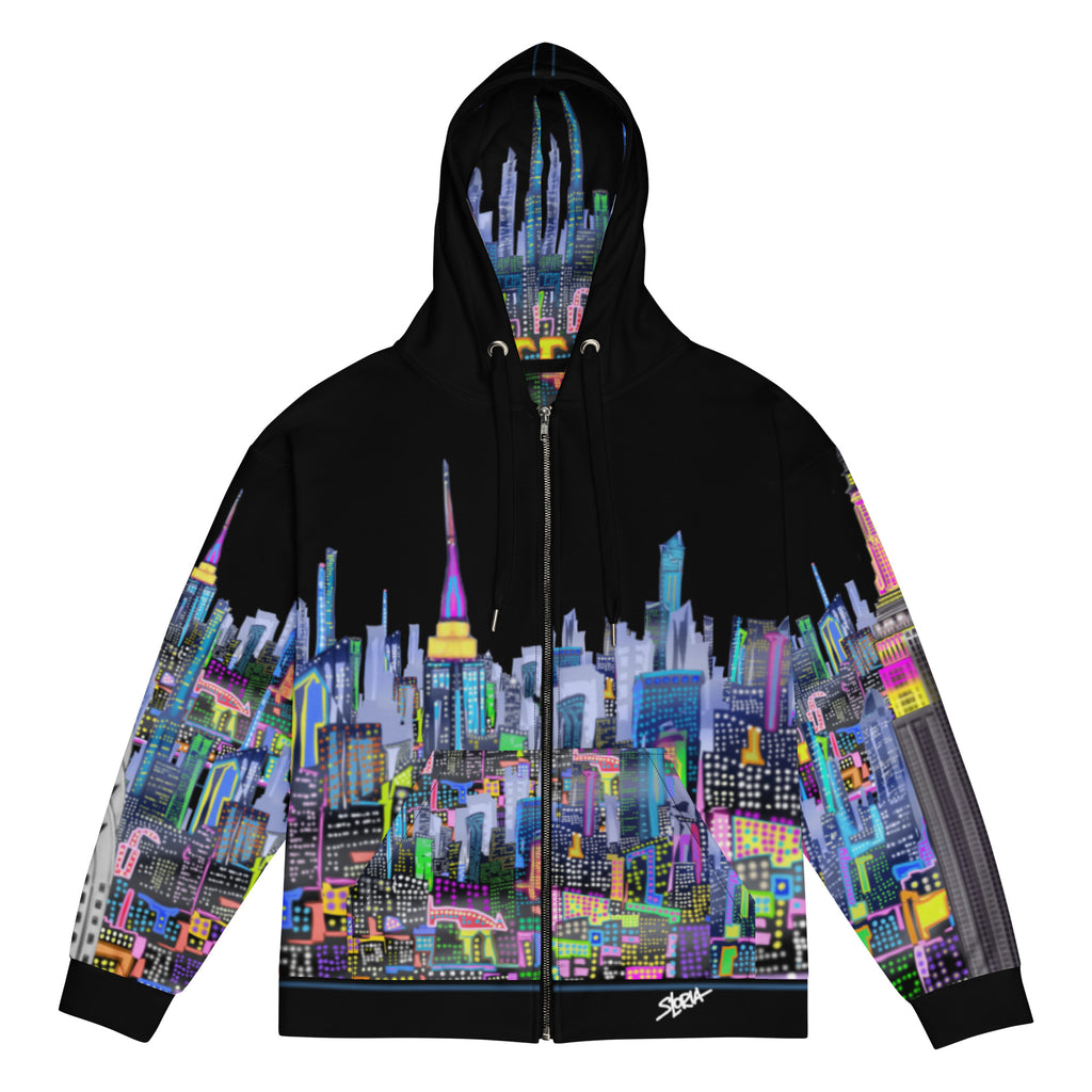 Black hoodie with colorful cityscape design by Loria NYC Art on a white background