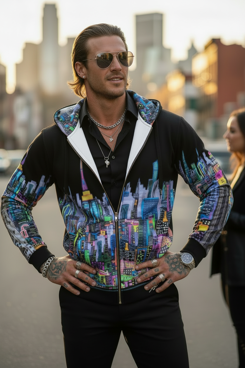 A man wearing a black zip-up Loria NYC Art hoodie with a vibrant multicolor cityscape print on the front and hood, styled with sunglasses, layered necklaces, and bracelets, standing outdoors in an urban setting.