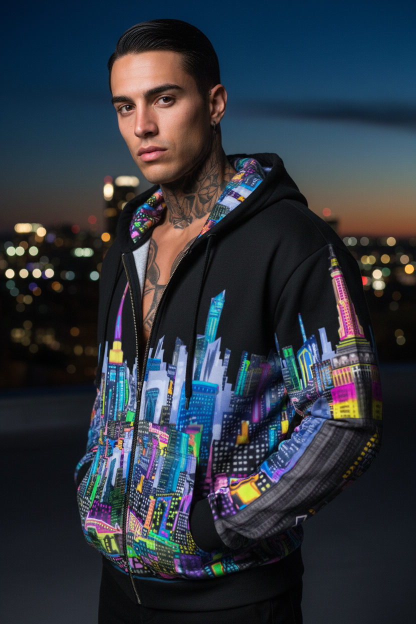 Person wearing a colorful hoodie with a cityscape Loria NYC Art design against a night skyline.