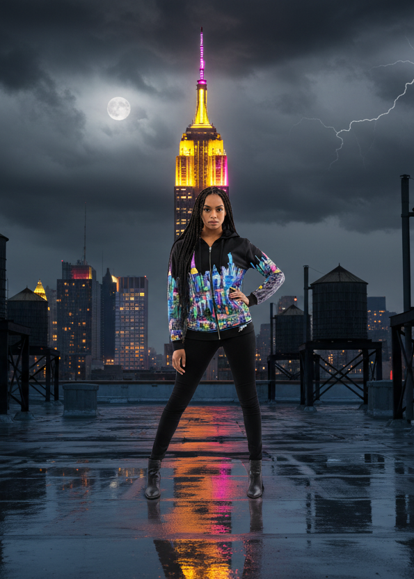 Person standing on a rooftop with a city skyline and stormy sky with lightning wearing jacket designed by Loria NYC Art