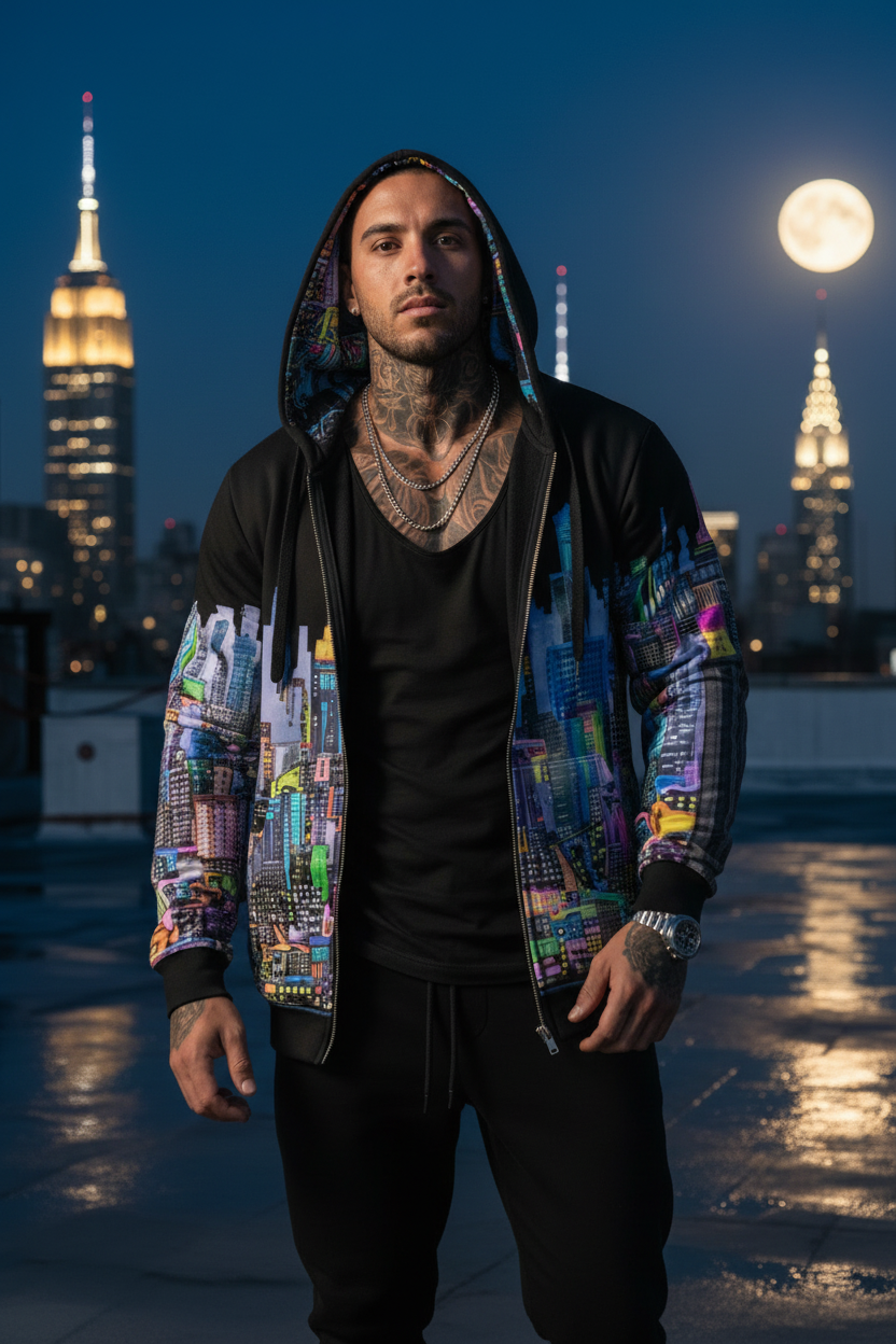 Man on a rooftop wearing  a Loria NYC Art cityscape hoodie  and moonlit sky
