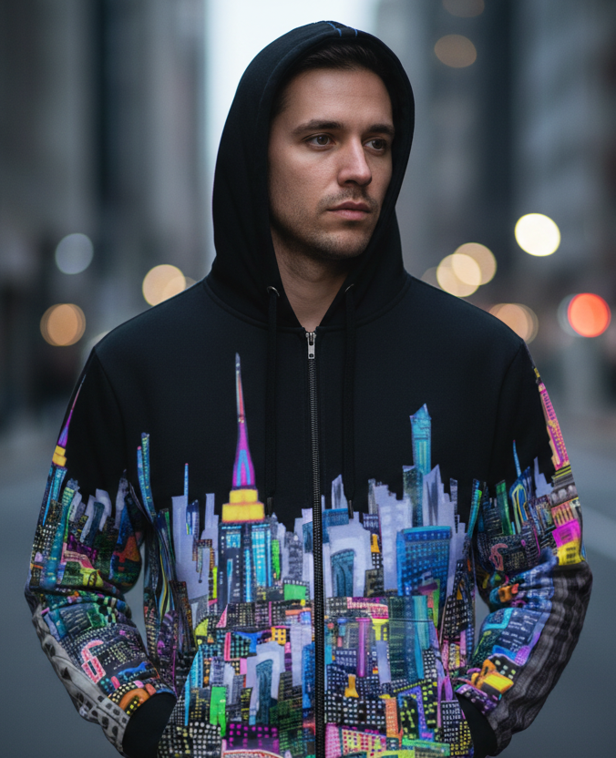 Person wearing a black Loria NYC Art hoodie with a colorful cityscape design on a city street at night.