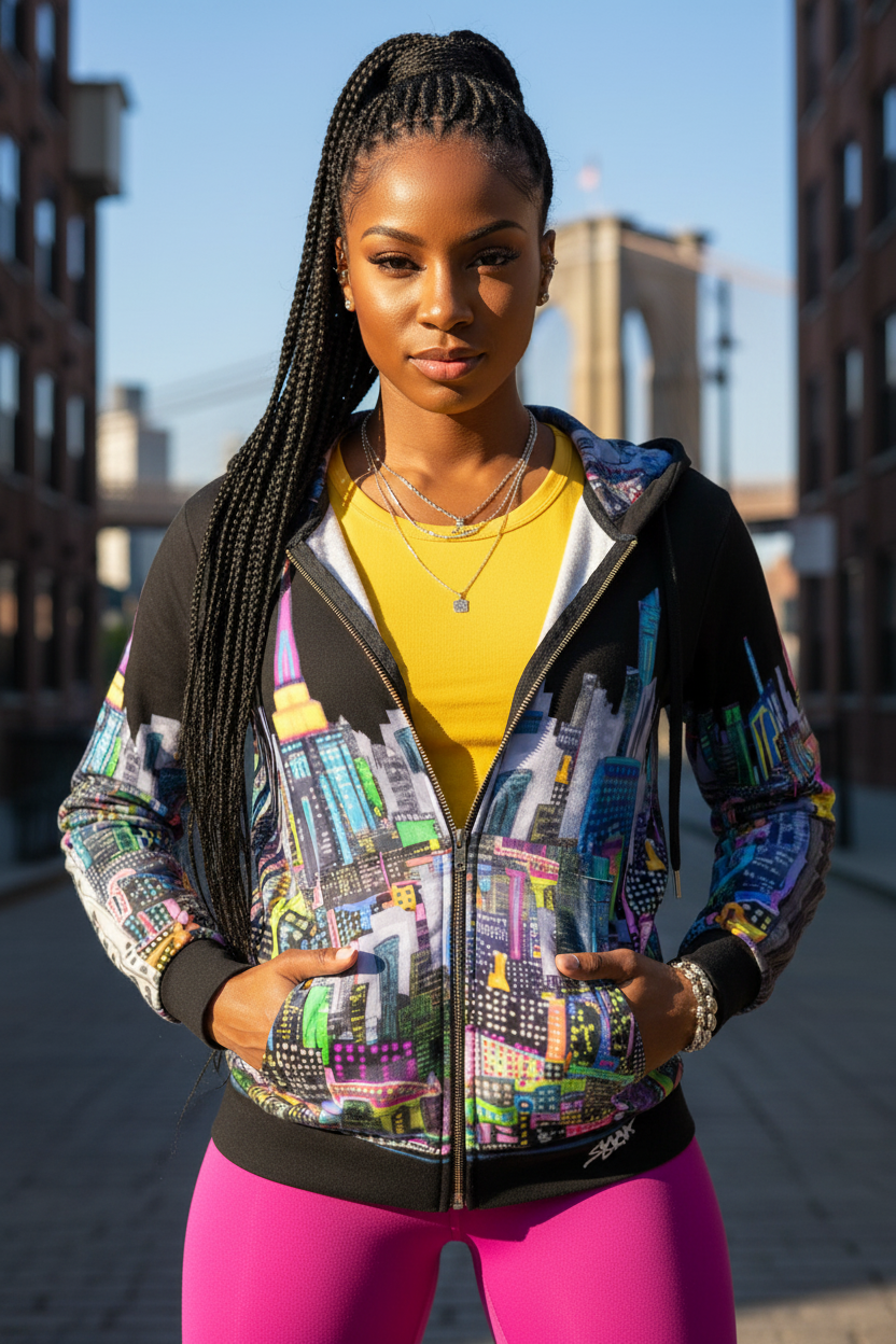 Woman wearing a colorful jacket with a cityscape Loria NYC Art design, standing in an urban setting.