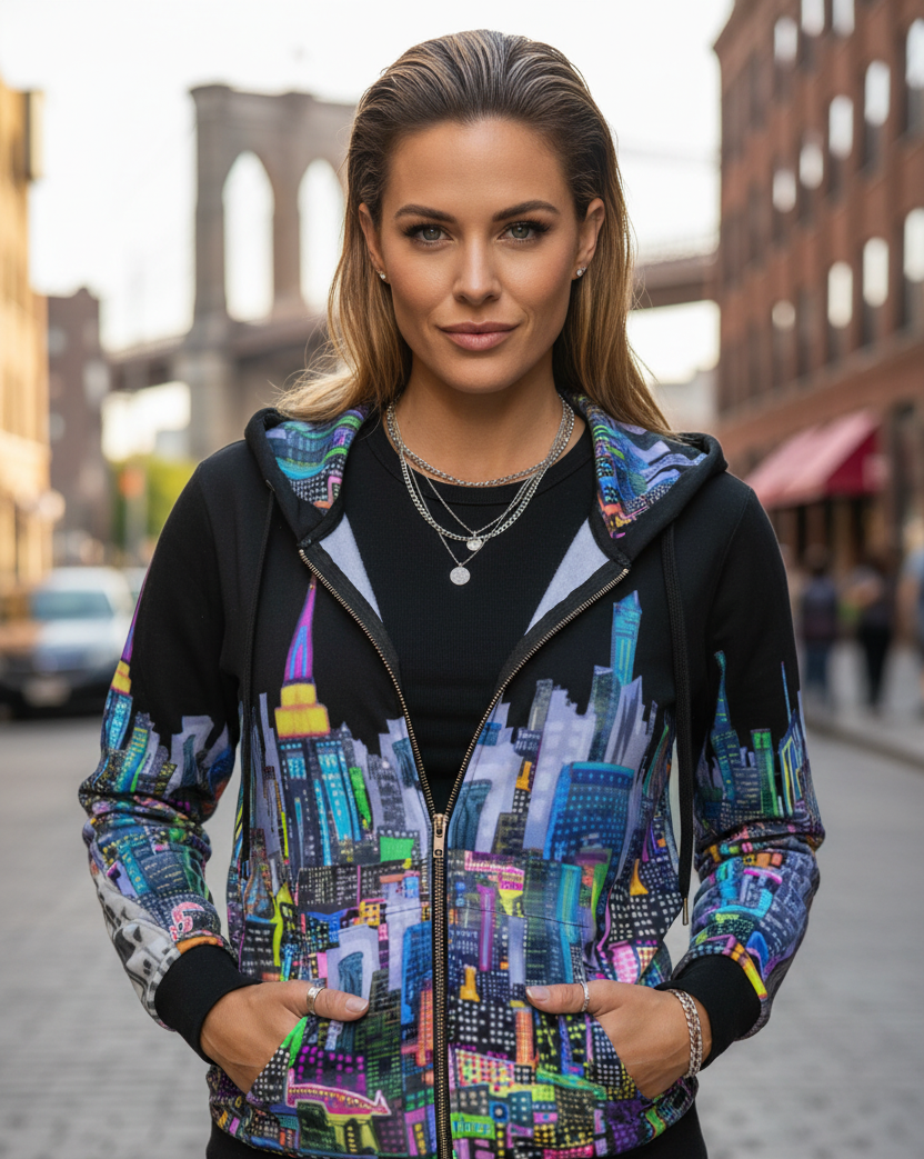 Woman wearing a colorful cityscape Loria NYC Art hoodie with a blurred urban background