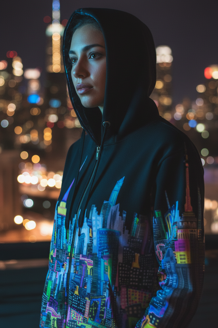 Person wearing a Loria NYC Art hoodie with cityscape design against a night-time cityscape background