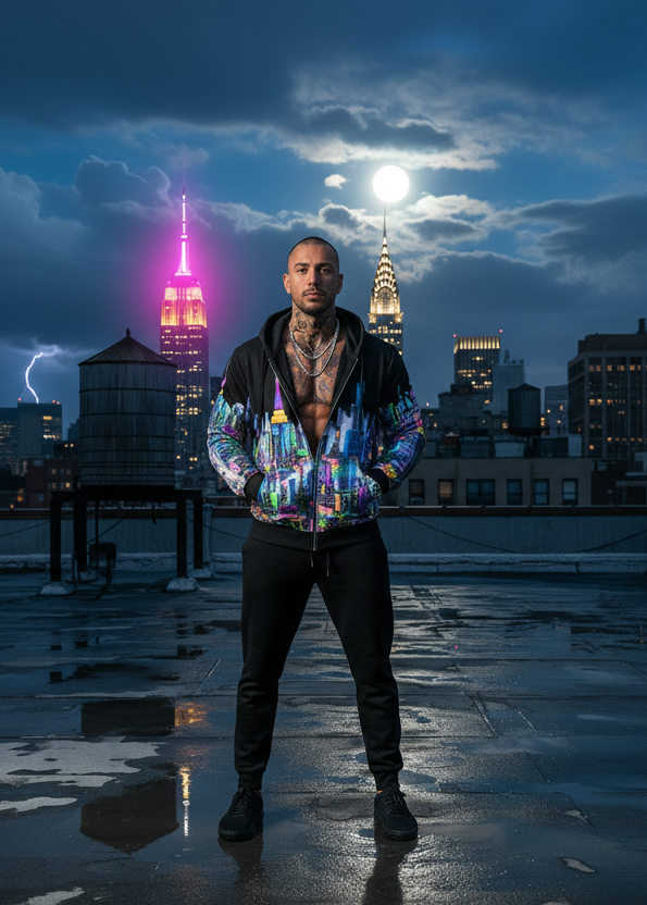 Man on wet rooftop in manhattan wearing a hoodie designed by Loria NYC Art