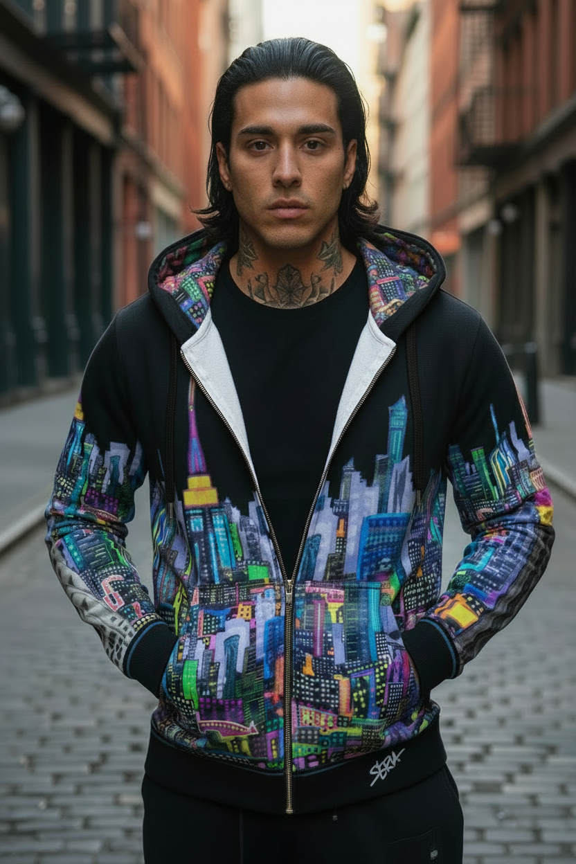 Person wearing a colorful Loria NYC Art hoodie with cityscape design in an urban setting