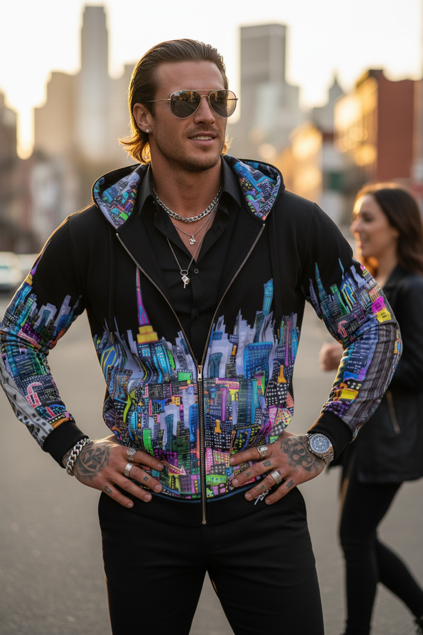 Man wearing a colorful Loria NYC Art hoodie with a cityscape design in an urban setting