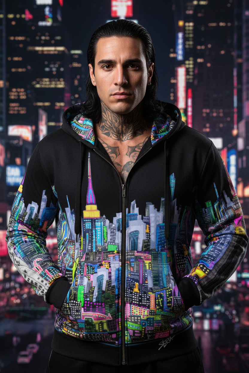 Person wearing a hoodie with a colorful cityscape Loria NYC Art design against a night cityscape background