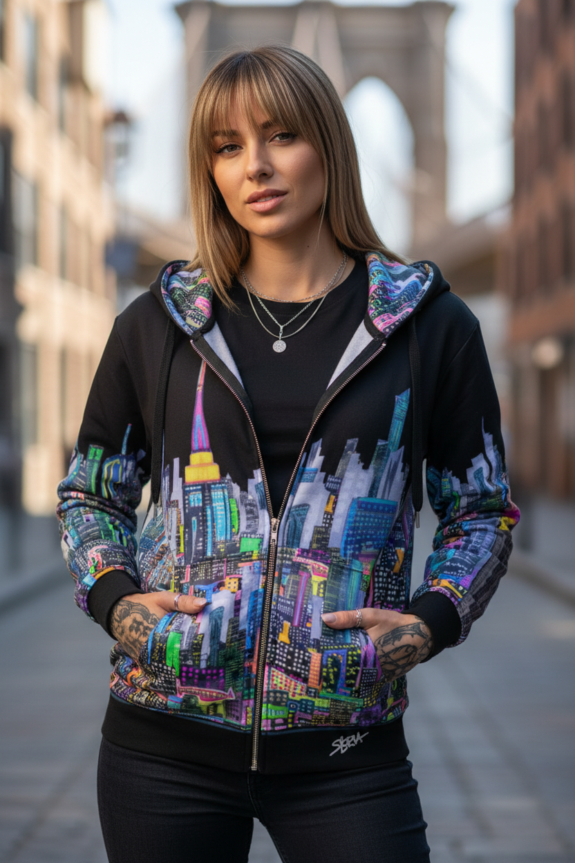Person wearing a colorful Loria NYC Art hoodie with a cityscape design in an urban setting