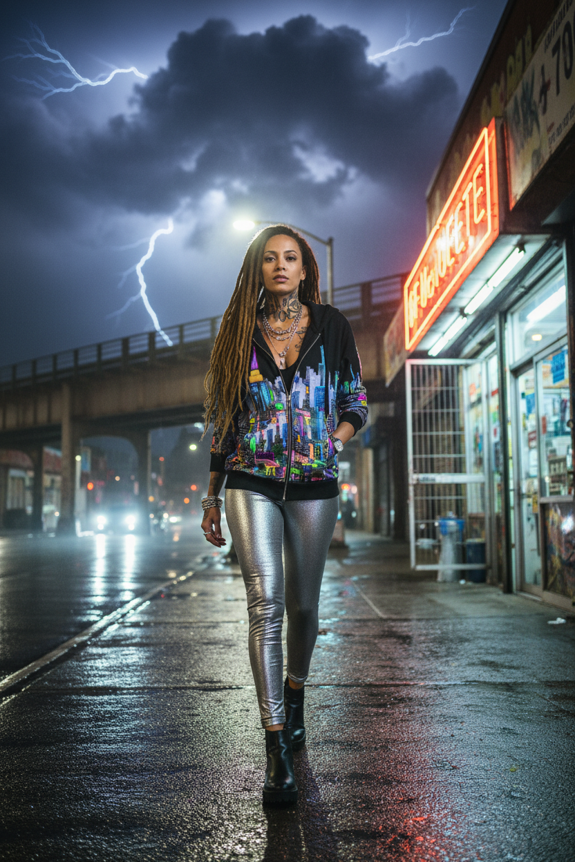 Woman walking on a city street under a dark, stormy sky with lightning wearing jacket designed by Loria NYC Art