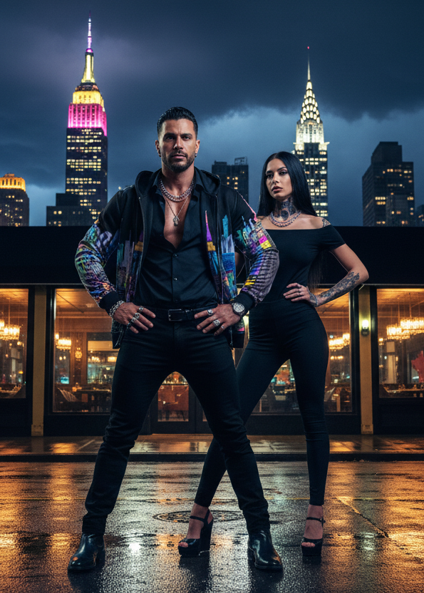 Two people standing on a sreet with the man modeling a colorful Loria NYC Art hoodie with the city skyline and lightning in the background