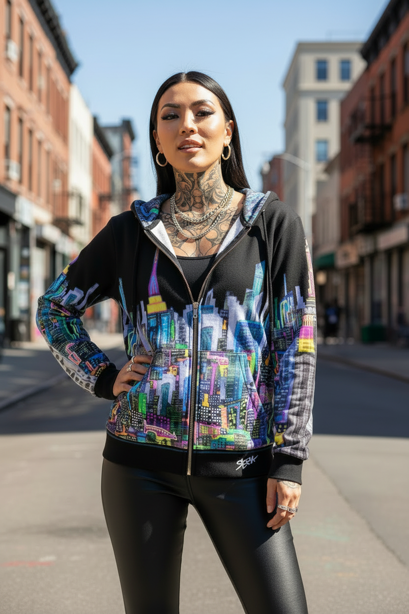 Woman wearing a colorful Loria NYC Art hoodie with a cityscape design on a street.