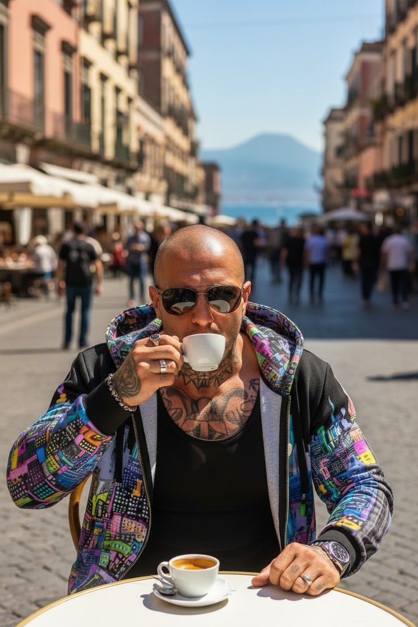 Man wearing a Loria NYC Art hoodie drinking coffee in an urban setting with people and buildings in the background