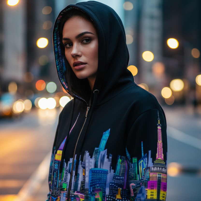 Person wearing a colorful Loria NYC Art hoodie on a city street at night