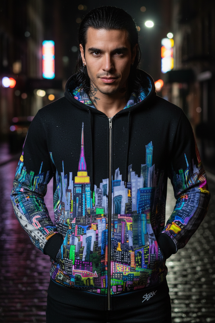 Person wearing a black hoodie with a colorful Loria NYC Art cityscape design on a street at night.