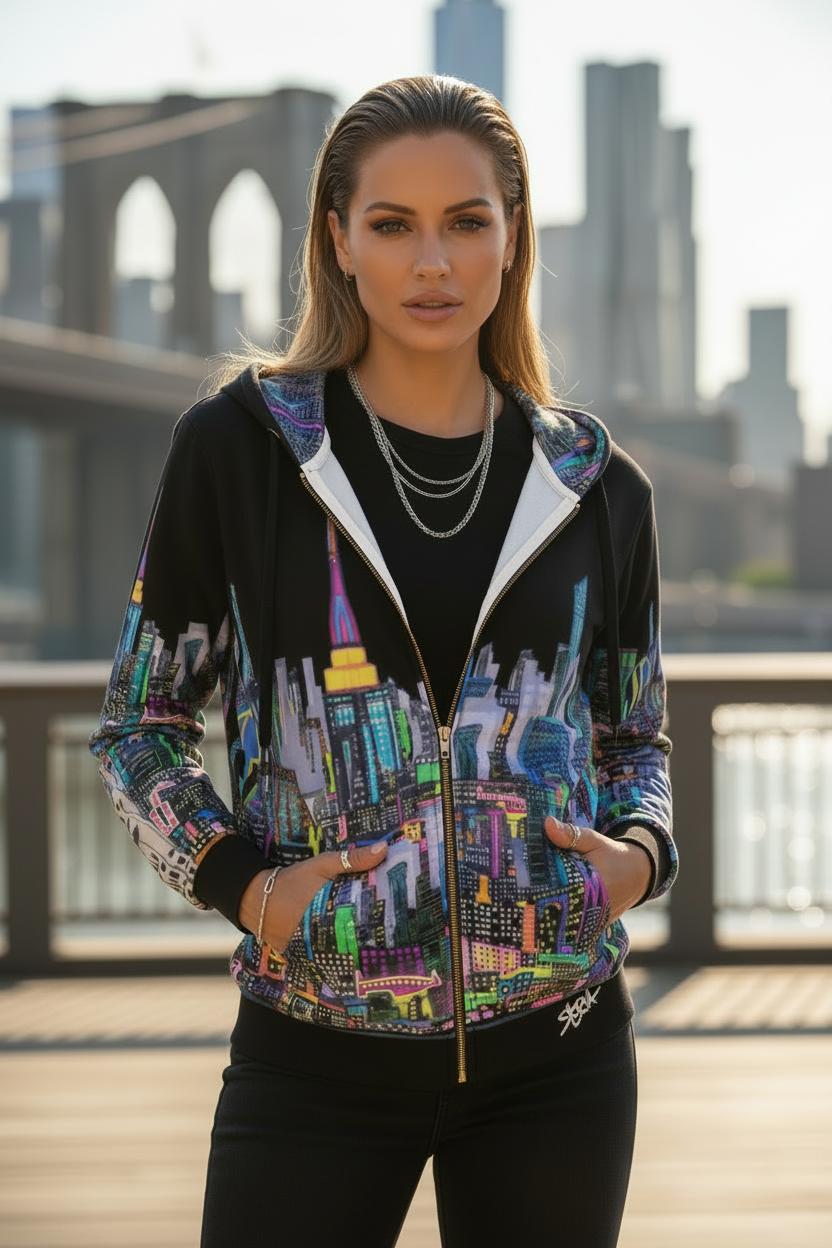 Woman wearing a colorful hoodie with a cityscape Loria NYC Art design, standing in front of a bridge and skyline.