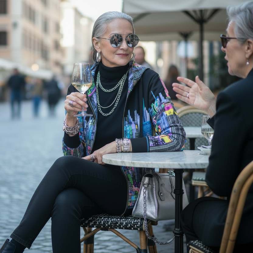 Two women sitting at an outdoor cafe table in an urban setting, one wearing a vibrant Loria NYC Art jacket holding a glass of wine.